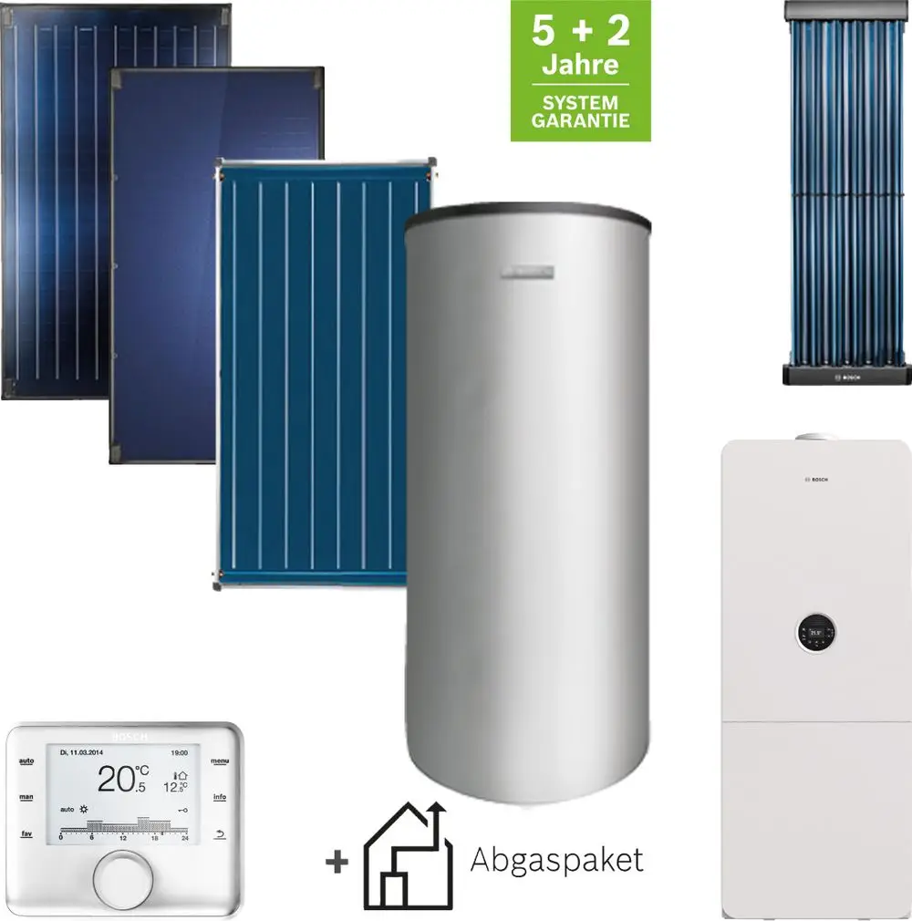Solarthermie-Anlage mit drei Kollektoren, einem Edelstahl-Warmwasserspeicher und einem Heizungsregler. Hersteller ist Bosch, Garantie 5+2 Jahre.